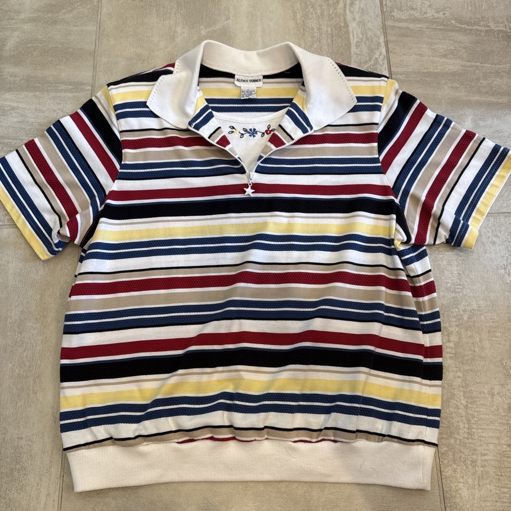 Alfred Dunner Women Red White Blue Yellow‎ T-Shirt Large Patriotic 1/4 Zip Star